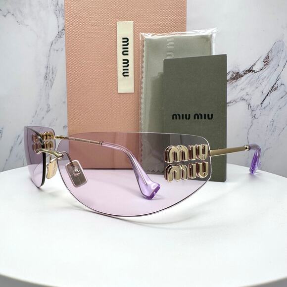 New MIU MIU Sunglasses Pale Gold Pink Lens Wrap Rimless AUTHENTIC Runway 2025 - Picture 12 of 16